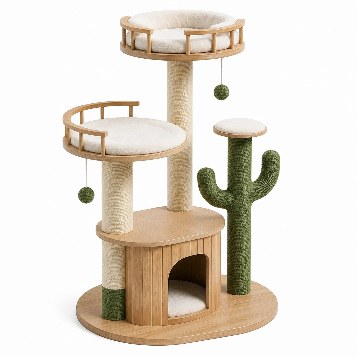 Árbol para gatos de madera con sisal y algodón, diseño de cactus, 3 niveles