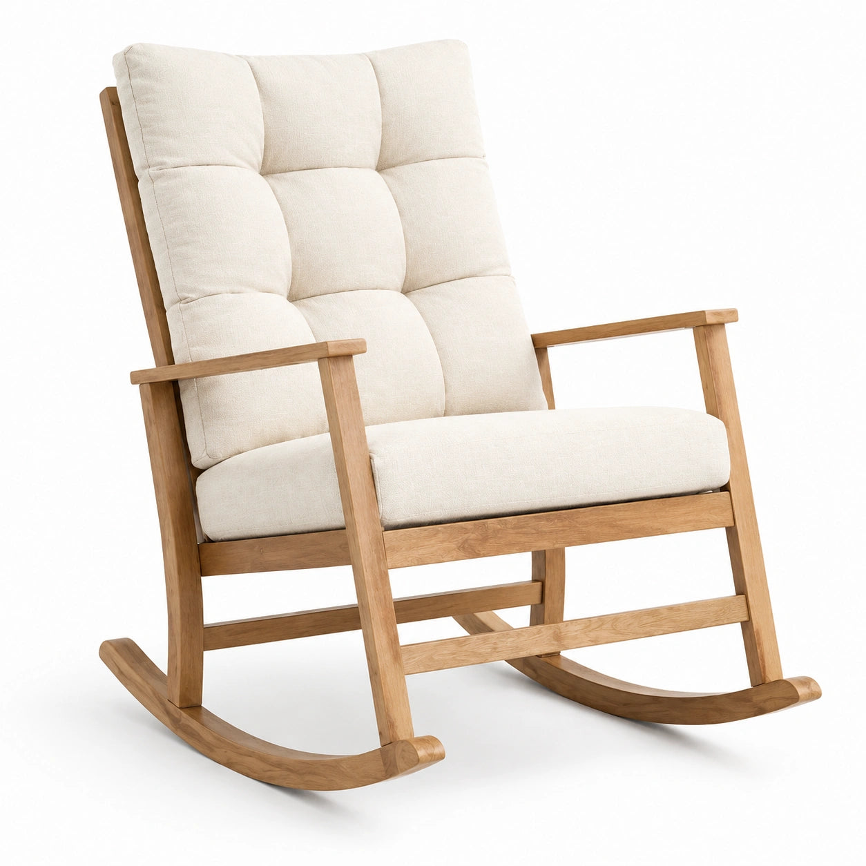 Mecedora de madera de roble con cojines de lino beige 100x60x90 cm