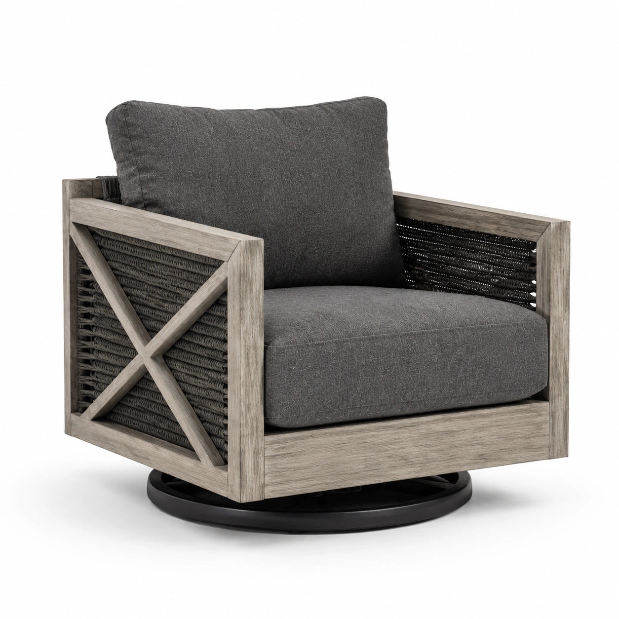 Silla Giratoria de Madera con Cojín de Poliéster y Cuerda Gris Oscuro