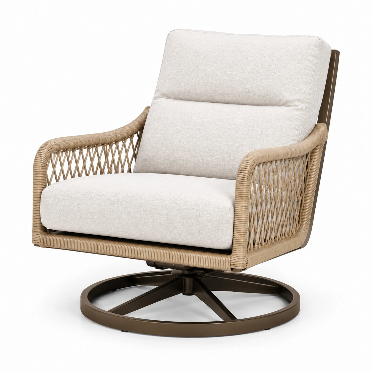 Silla giratoria de ratán sintético beige con estructura de acero