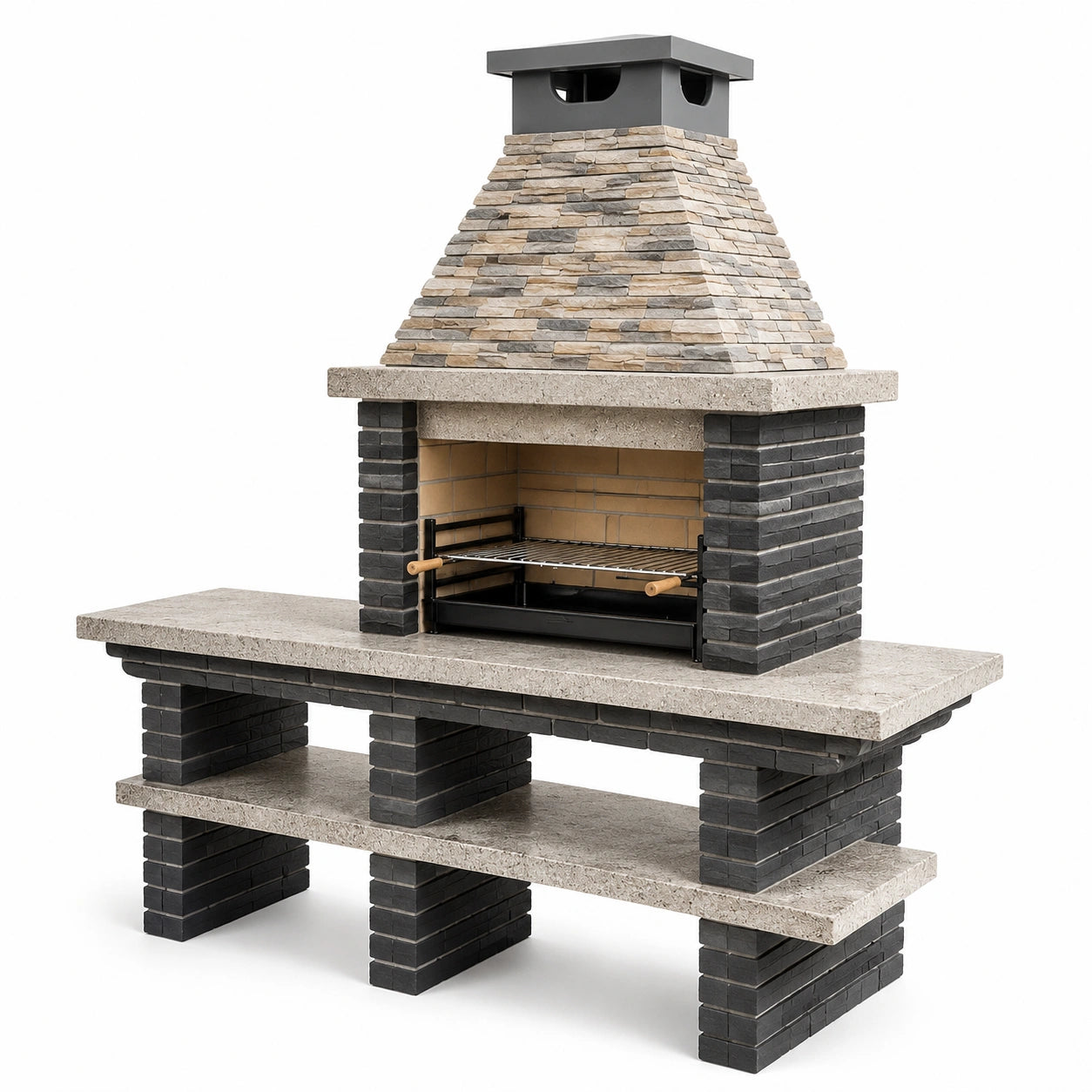 Parrilla de ladrillo y piedra caliza con repisas y chimenea