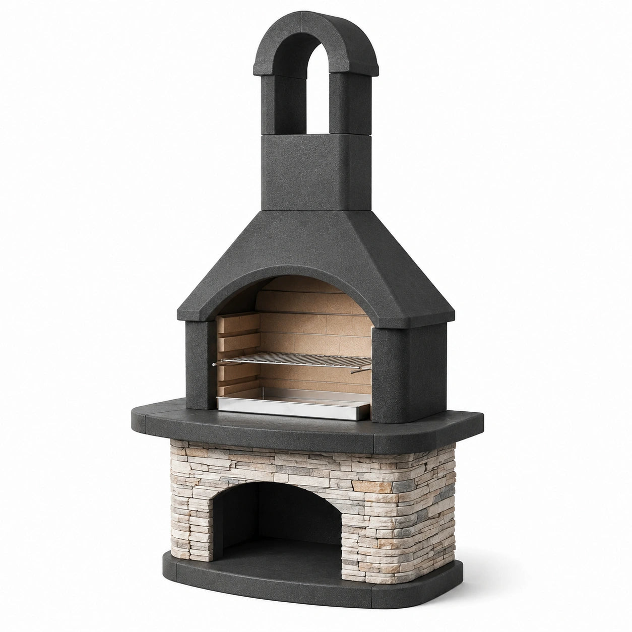 Barbacoa de hormigón y piedra gris con chimenea semicircular