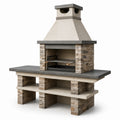 Barbacoa de ladrillos de piedra con chimenea, dimensiones 210x120x70 cm, gris y beige