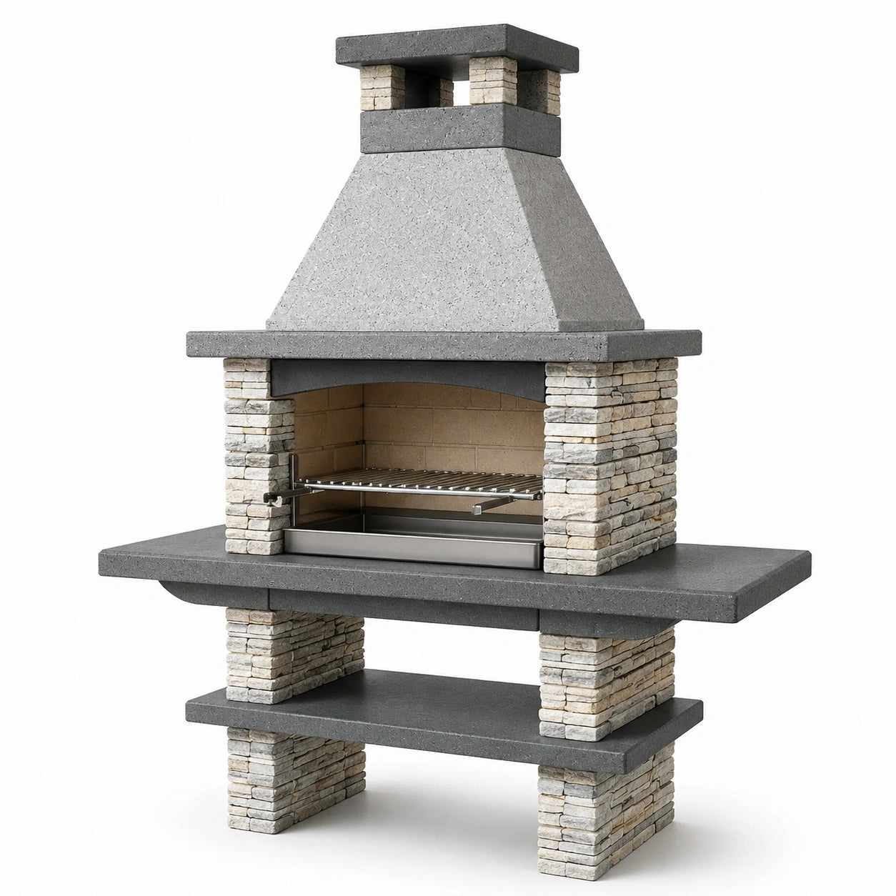 Barbacoa de piedra y cemento con parrilla de acero inoxidable 200x150x75 cm