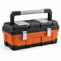 Caja de herramientas de polipropileno naranja y negro con cerraduras de acero inoxidable