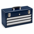 Caja de herramientas de metal azul con 3 cajones