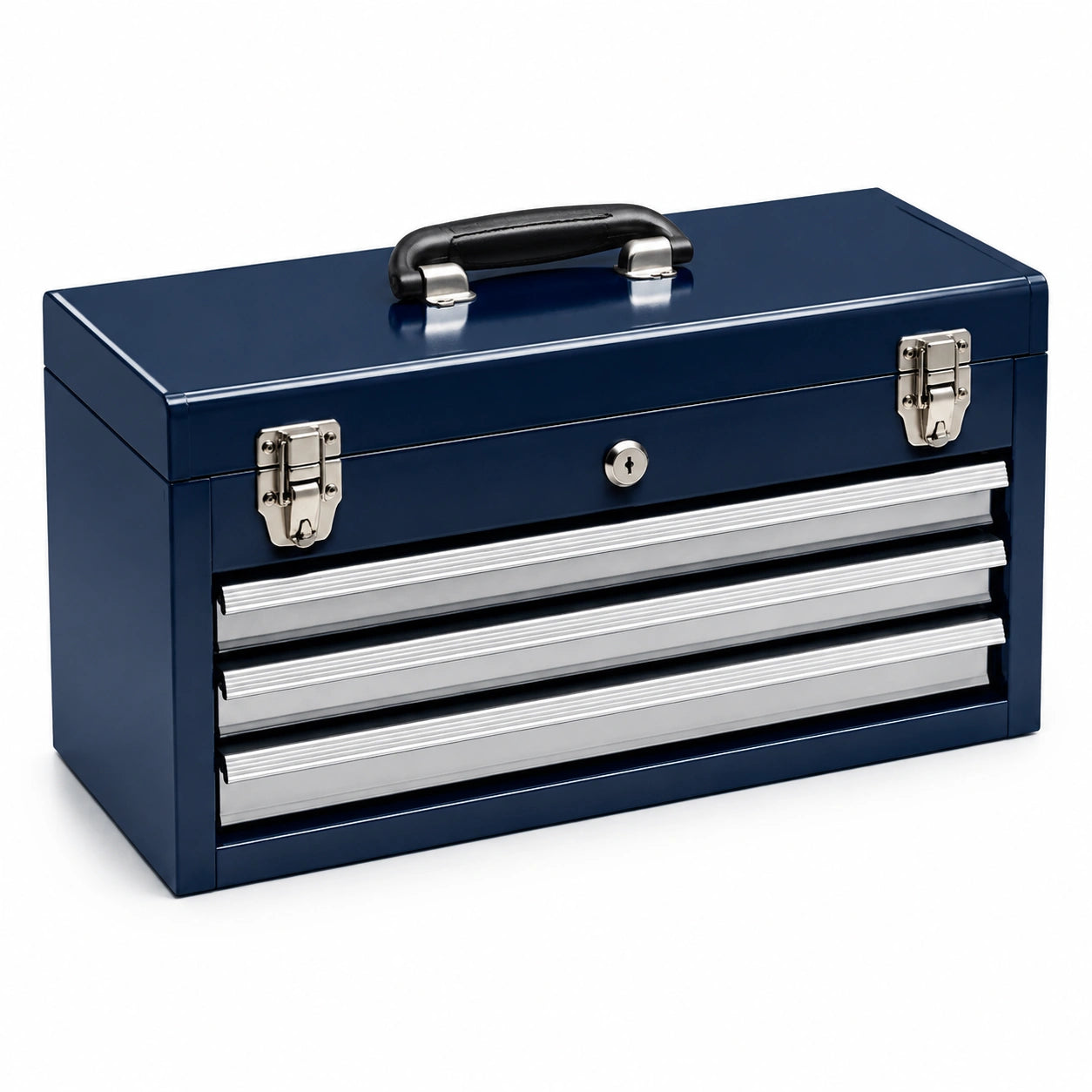 Caja de herramientas de metal azul con 3 cajones