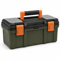 Caja de herramientas de plástico verde y negro con cierre naranja