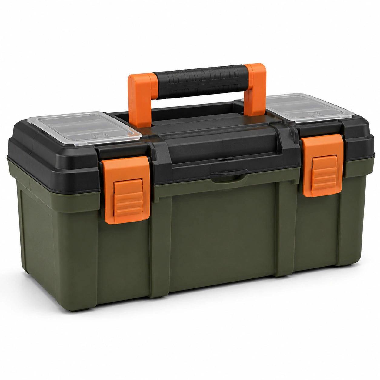 Caja de herramientas de plástico verde y negro con cierre naranja