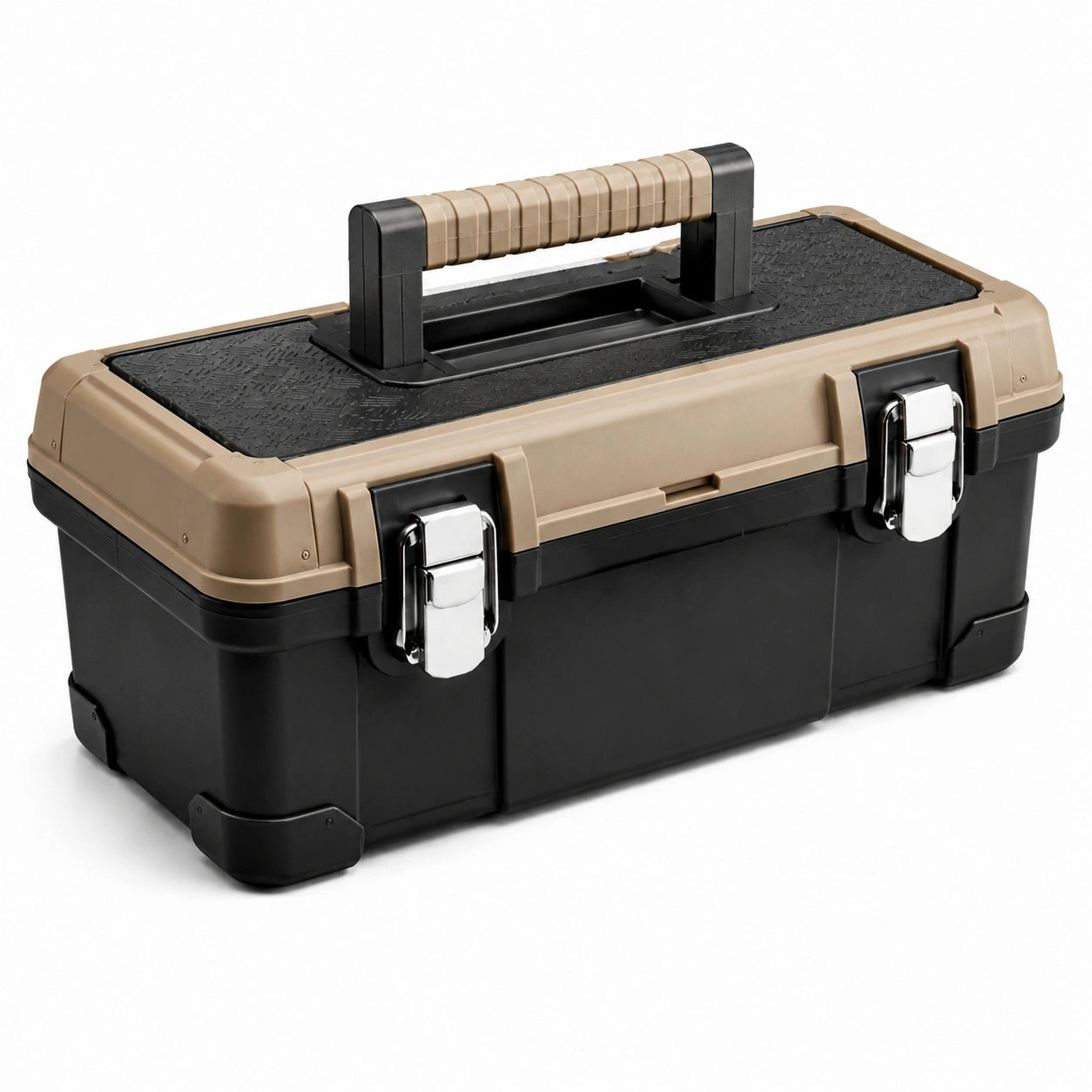 Caja de herramientas de plástico negro y beige con cierres metálicos 50x25x20 cm