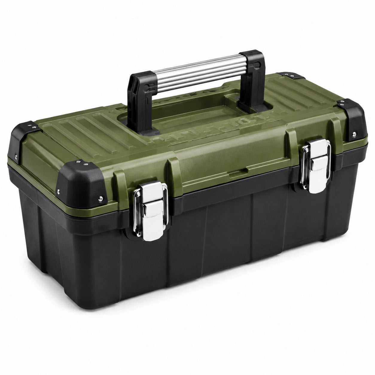 Caja de herramientas de polipropileno verde y negro con cierres de acero inoxidable