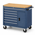 Carro de herramientas metálico con tablero de bambú y 7 cajones en azul 90x45x95cm