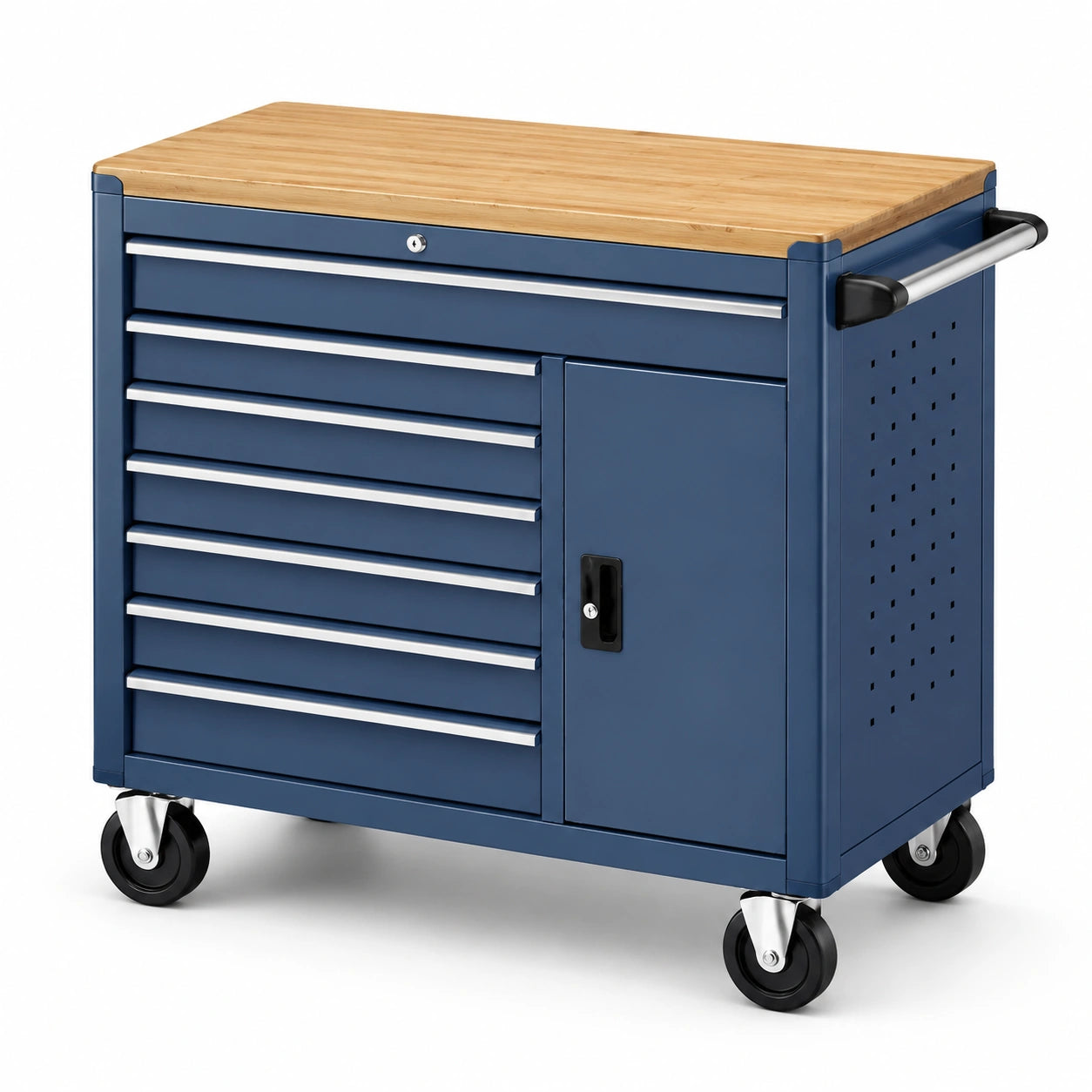 Carro de herramientas metálico con tablero de bambú y 7 cajones en azul 90x45x95cm