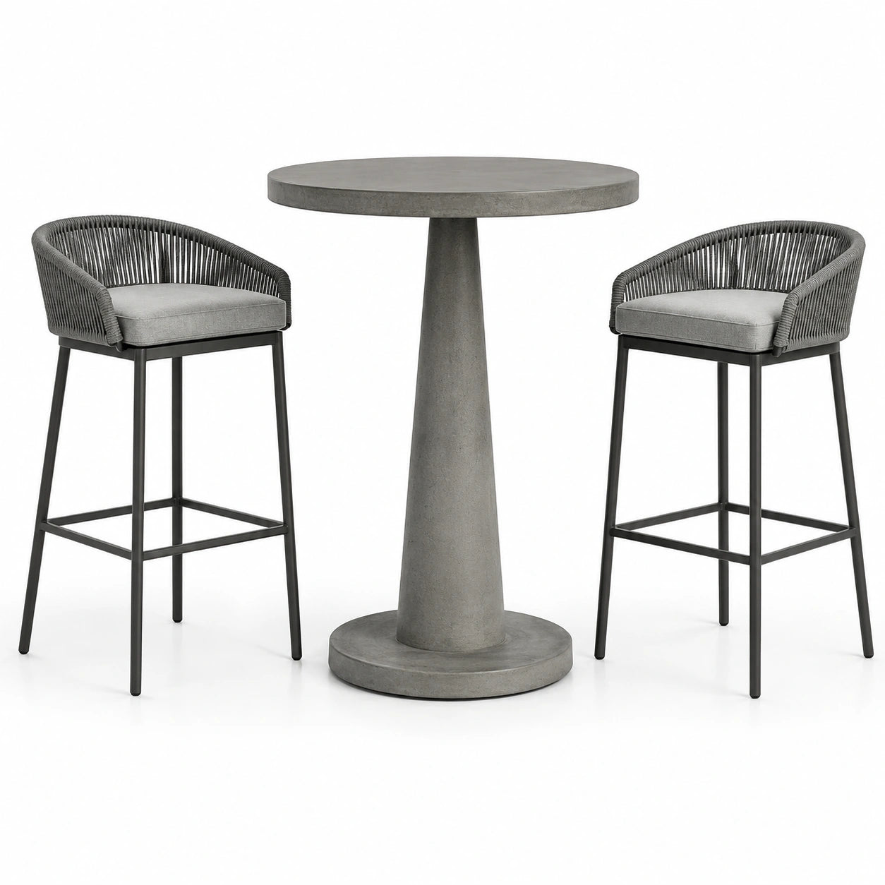 Conjunto de mesa alta de cemento y sillas de metal con cuerda y cojines grises