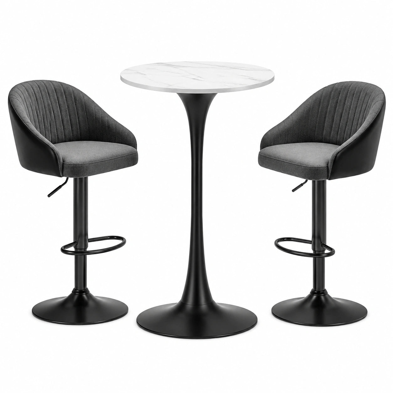 Conjunto de bar con mesa redonda de MDF efecto mármol y sillas de tela gris ajustables