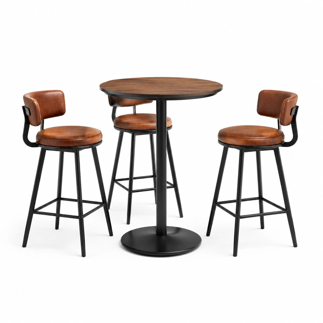 Conjunto de mesa redonda de MDF y taburetes de cuero PU marrón