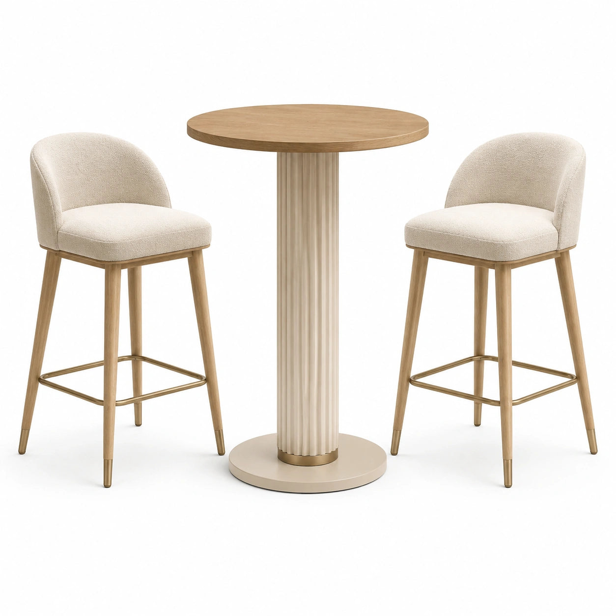 Conjunto de bar con mesa de madera y taburetes tapizados en beige