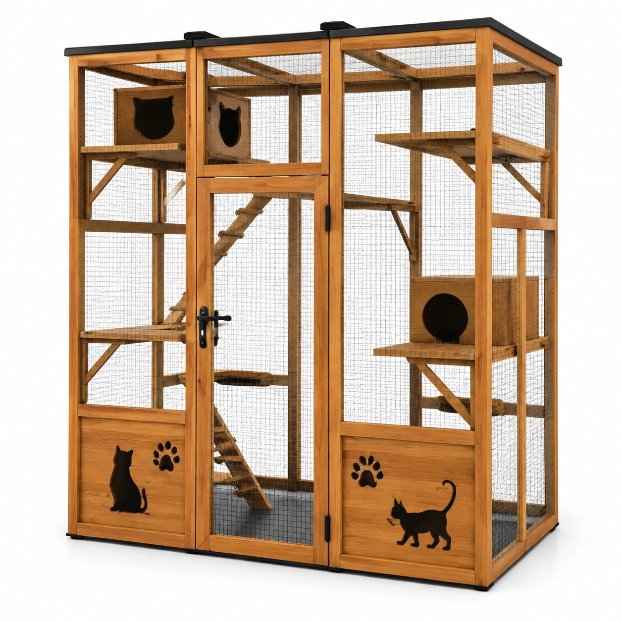 Estructura para gatos en madera y metal con plataformas y refugios