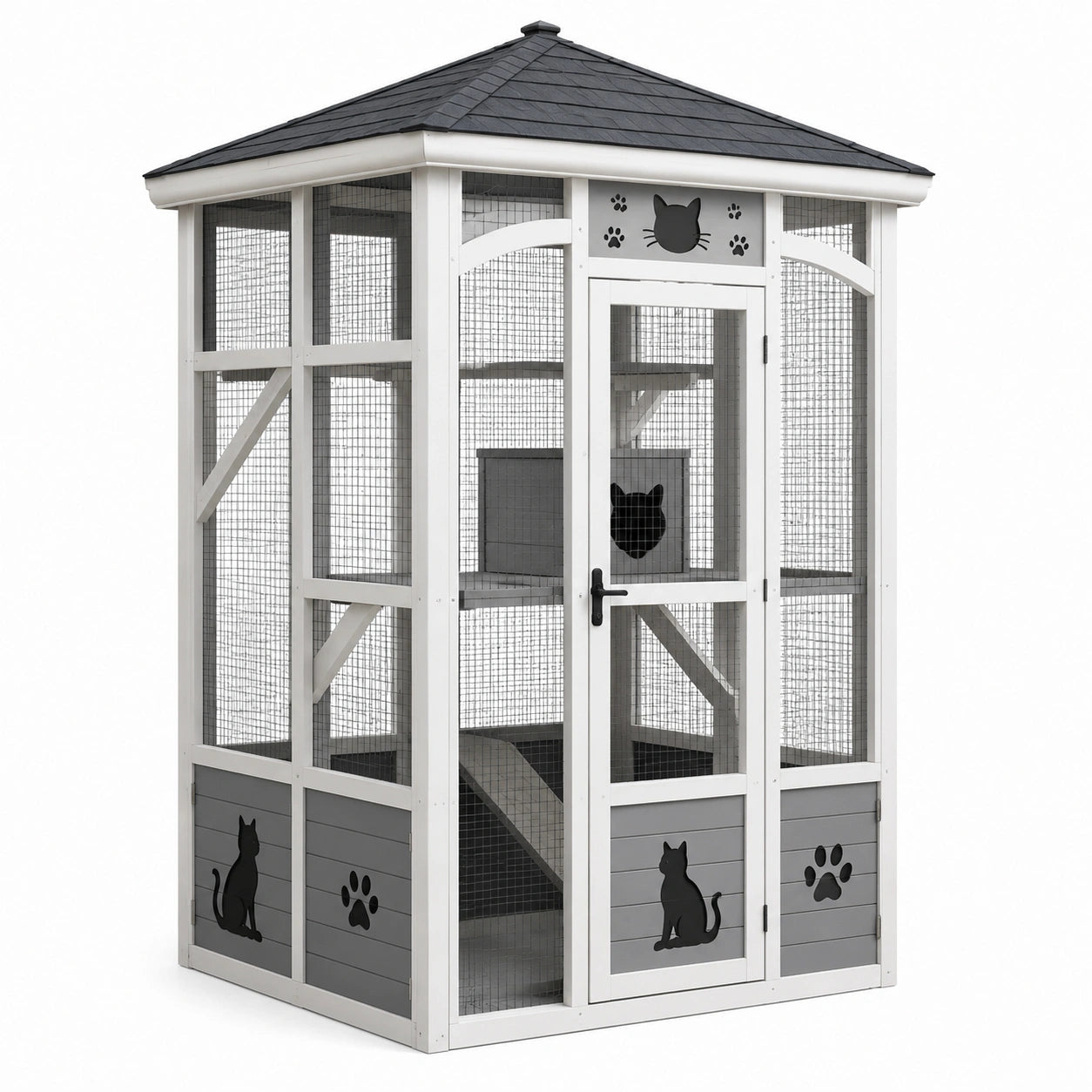 Jaula de madera para gatos con techo negro y detalles decorativos